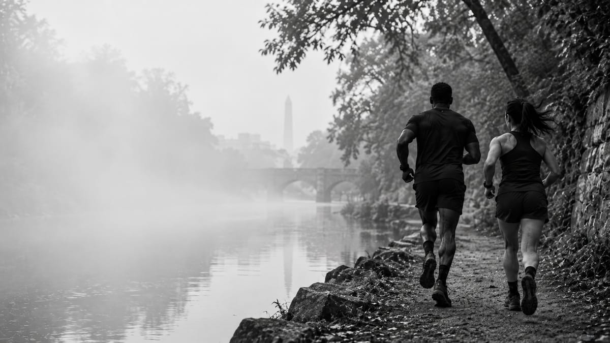 Two runners on a misty riverside trail in Washington, DC, the Washington Monument faint behind them