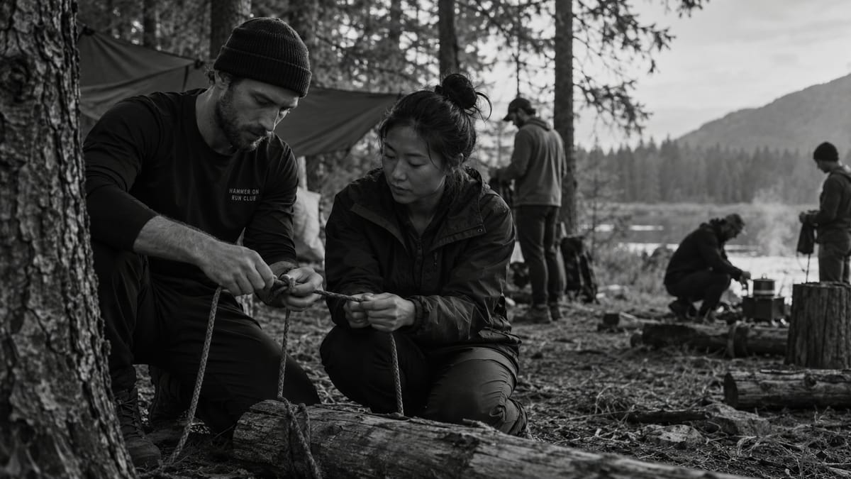 Two Hammer On members practicing knot work at a campsite while others set up in the background
