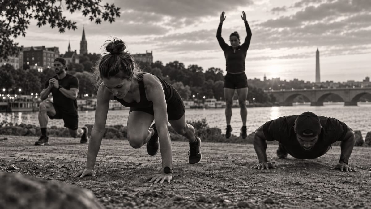 Four runners doing a bodyweight set on a Potomac riverbank at dawn, the Washington Monument and Key Bridge behind them