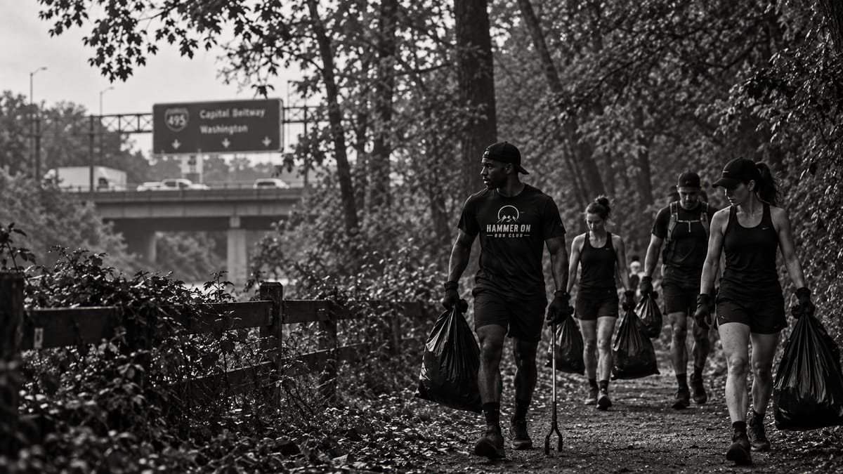 Hammer On members carrying trash bags along a wooded trail near the Capital Beltway