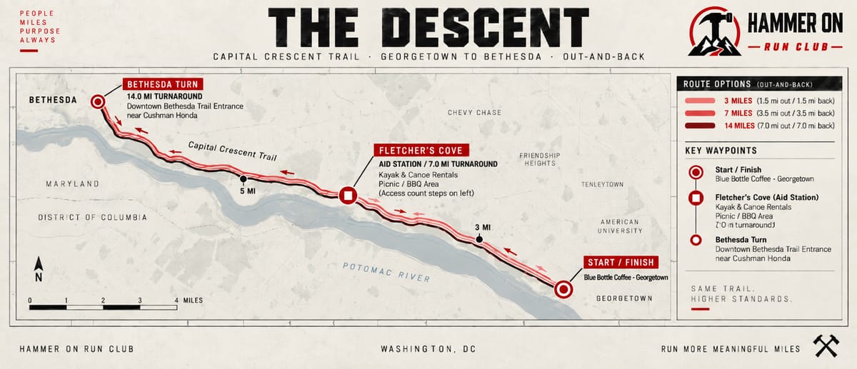 The Descent route map: Capital Crescent Trail, Georgetown to Bethesda out-and-back, with 3, 7 and 14 mile options and the Fletcher's Cove aid station