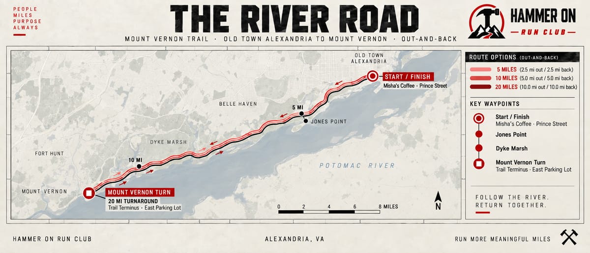 The River Road route map: Mount Vernon Trail south from Old Town Alexandria, with 5, 10 and 20 mile turnarounds and waypoints at Jones Point and Dyke Marsh